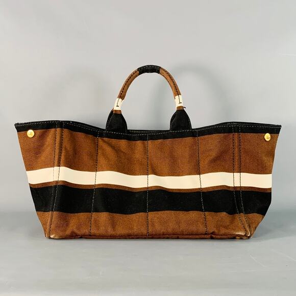 PRADA Canapa Brown Black White Stripe Canvas Open Top Tote Handbag - Picture 2 of 14